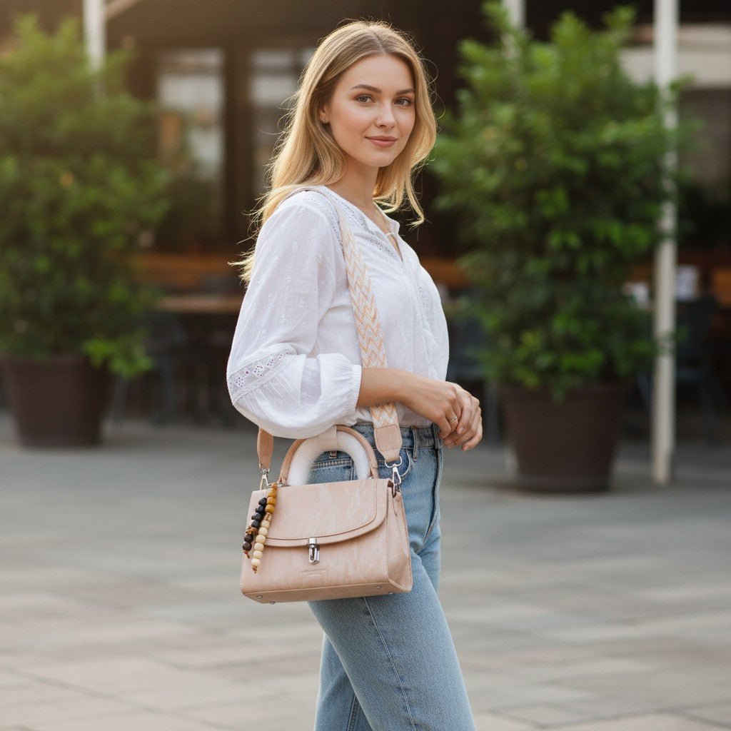 Woman wearing an Evnique marble-effect structured handbag with a beaded charm and woven crossbody strap outdoors.