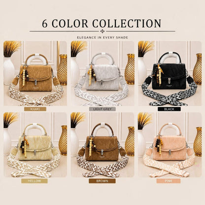 Evnique structured top handle crossbody handbags in six marble-effect colors with decorative beaded charms and straps.